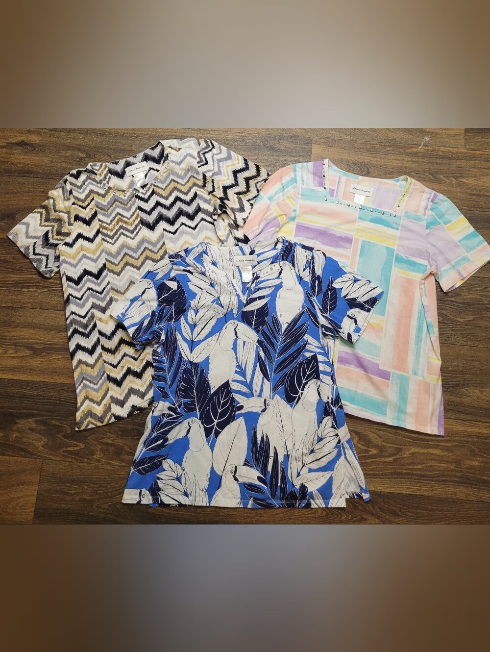 Alfred Dunner Leaf Print Short Sleeve Top Lot Of 3 Chevron Geometric Blouse Sz S